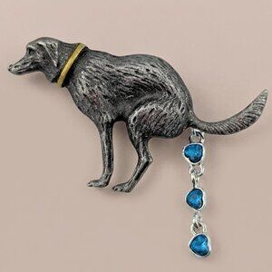 Dog Brooch Blue Rhinestone Dangle Dark Gray Metal Pin 2 Inch